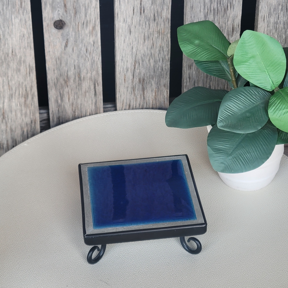 Blue Ceramic Tile with Black Base Candle Holder Trivet